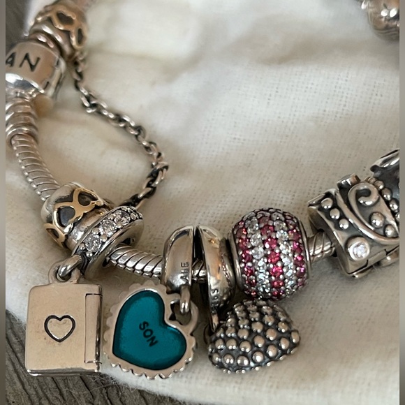 SOLD…AUTHENTIC PANDORA SS Bracelet with SS and 14k Gold Charms - Picture 9 of 15